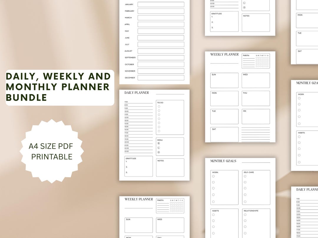 Minimalist A4 Planner Inserts Bundle – Undated Daily, Weekly & Monthly ...