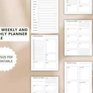 May include: A collection of printable planner pages in black and white. The pages include daily, weekly, and monthly layouts, with sections for goals, gratitude, and notes. Text on the image reads "DAILY, WEEKLY AND MONTHLY PLANNER BUNDLE" and "A4 SIZE PDF PRINTABLE."