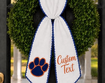 Custom Tiger Paw Wreath Sash, Embroidered Tiger Mascot, Outdoor Door Decor, Custom College Football Front Door Bow
