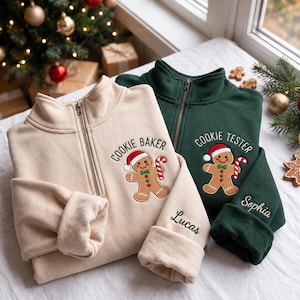 Embroidered Gingerbread Baker and Tester Quarter Zip Sweatshirt, Christmas Cookie Crewneck, Matching Holiday Shirt, Family Outfit Gift