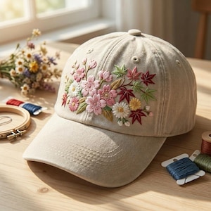 May include: A beige baseball cap featuring detailed embroidery of pink cherry blossoms, white daisies, and red and green maple leaves on the front panel. The cap has a curved brim and a structured crown with stitched eyelets for ventilation.