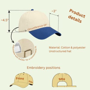 May include: A two-tone baseball cap with a cream-colored crown and a blue brim. The hat is made of cotton and polyester, with a circumference of approximately 24 inches and a height of about 4.5 inches. The text "Product details" is visible.