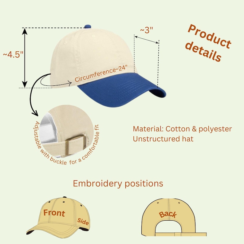 May include: A two-tone baseball cap with a cream-colored crown and a blue brim. The hat is made of cotton and polyester, with a circumference of approximately 24 inches and a height of about 4.5 inches. The text "Product details" is visible.