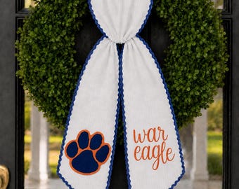 Auburn Custom Wreath Sash, Embroidered Auburn Tiger Mascot, Outdoor Door Decor, Custom College Football Front Door Bow