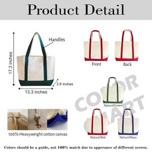 May include: A canvas tote bag with dimensions of 17.3 inches in height, 13.3 inches in width, and a base of 3.9 inches. The bag is white with green accents on the handles and base. Additional color options include red, green, and navy.