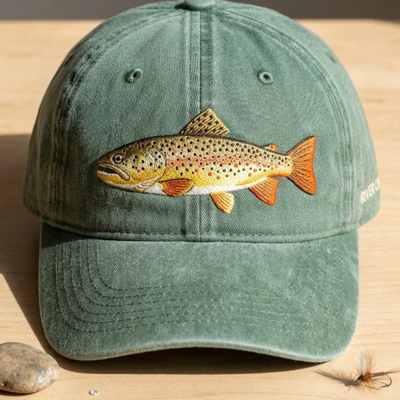 Brown Trout Embroidered Hat, Fishing Dad Hat, Fly Fishing Cap, Angler Gift, Outdoor Nature Baseball Cap, Fisherman Hat, Vintage Washed Cap