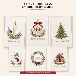 Puede incluir: Seis tarjetas blancas con diseños bordados de Navidad que incluyen una vela, un adorno, un árbol, un muñeco de nieve, una corona y una casa de jengibre. El texto incluye COZY CHRISTMAS EMBROIDERY CARDS, 6 Printable Patterns, PEACE AND JOY, MERRY CHRISTMAS, WARM WINTER WISHES y CHRISTMAS WISHES.
