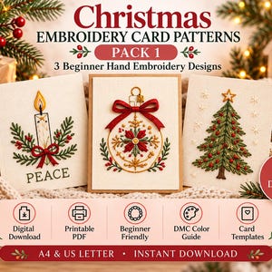 Pode incluir: Três padrões de bordado de Natal para cartões com uma vela e a palavra PEACE, um ornamento decorativo e uma árvore de Natal. O texto diz Christmas Embroidery Card Patterns Pack 1 3 Beginner Hand Embroidery Designs.