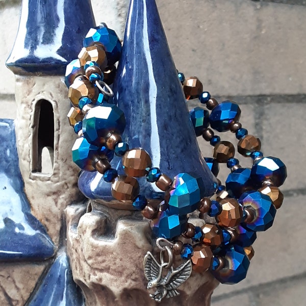 Blue & Bronze Wizard School House Colors Bead Bracelet  w/ Eagle Charm Accent