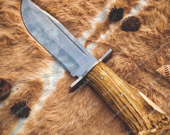 Coltello da caccia fatto a mano • Coltello con manico in corno di cervo naturale • Lama fissa robusta • Accessorio per la sopravvivenza • Regalo unico per sposi o amanti della vita all'aria aperta