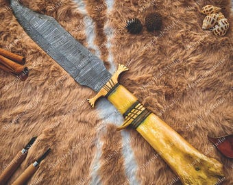 Handmade Damascus Steel Tracker Dagger - Handle Hunting Knife, Custom Survival Prop with Brass Spacers, Unique Rustic Outdoorsman Gift