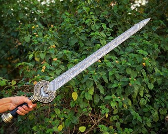 Handgjort Damaskusstålsvärd Theoden, replika av Rohans kung, läderslida