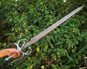 Handgjord Damaskus-mönster svept fäste rapier - Renässans sidosvärd rekvisita för teater, ädel kostymtillbehör, utsmyckad historisk klinggåva