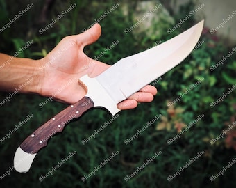 Handgjord Bowie-kniv med bred buk och trähandtag – Robust jaktblad för utomhusgåva, campingrekvisita, rustik inredning