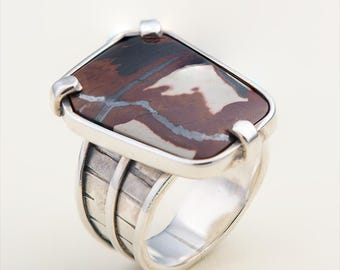 Coconut Jasper Statement Ring .950 Sterling Silver, Ornate Bezel, Hypoallergenic, Handcrafted Peru, Gift for Her