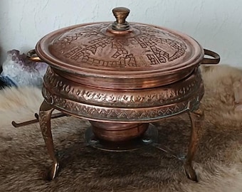 Scaldavivande in rame decorato vintage con supporto e coperchio – Scaldavivande da tavolo