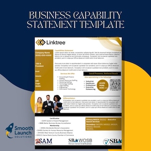 Peut inclure: Un modèle de déclaration de capacité commerciale avec le logo Linktree, les informations de l'entreprise et une section sur les services proposés. Le document comprend du texte, un code QR et le logo Smooth Launch Solutions.