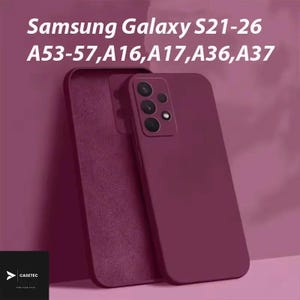 May include: A solid dark magenta phone case shown from the back and interior, featuring a camera cutout with three circular lens openings and one smaller flash opening. The text Samsung Galaxy S21-26 A53-57,A16,A17,A36,A37 is printed at the top.