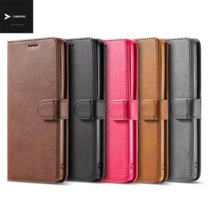May include: A selection of leather phone cases in shades of brown, black, pink, tan, and grey. Each case features a magnetic clasp and a stitched edge. The brand name "CASETEC" is visible in the top left corner.