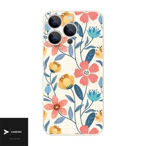 May include: A clear phone case with a floral pattern. The case has a cream background with pink, yellow, and blue flowers and green leaves. The phone case has a camera cutout and the brand name "CASETEC" is visible.