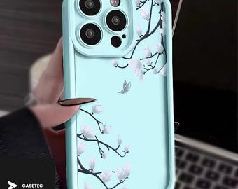 Silicone Case For iPhone 11-17 Pro Max | Flower Design | Blue Color