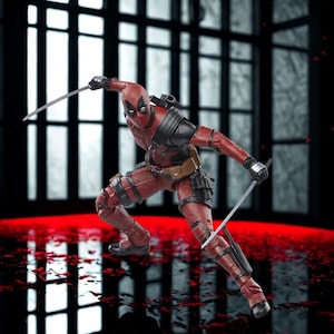 May include: A Deadpool action figure in a dynamic pose, wielding two katanas. The figure is clad in a red and black suit with a utility belt. The background features a red floor and a dark, windowed structure.