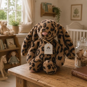 May include: A plush stuffed animal in the shape of a rabbit with long ears, covered in a brown and black leopard print pattern. The rabbit has a small pink nose and wears a tan ribbon around its neck with a white tag labeled Jellycat London.