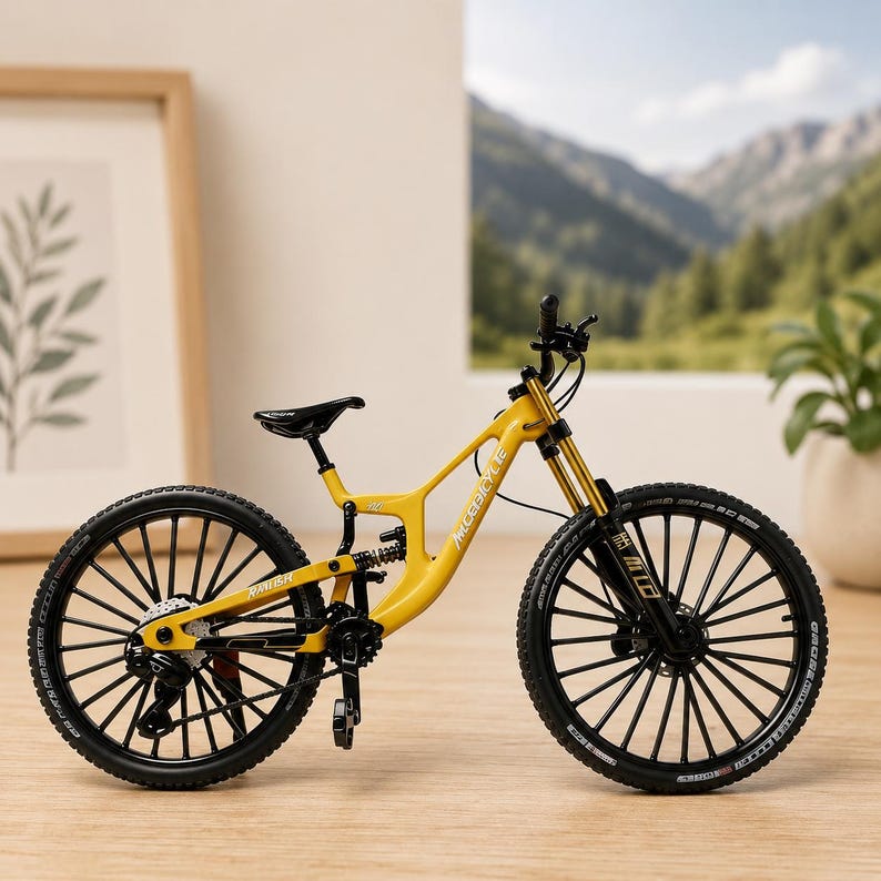 May include: A yellow mountain bike model with black wheels, a black seat, and black handlebars. The frame features the text "MCEBICYCLE" in white lettering. The bike has a rear suspension system, a chain, and black spokes on both wheels.