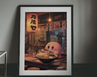 Póster de Kirby Ramen, arte mural de comida japonesa estilo anime, impresión acogedora de mercado nocturno