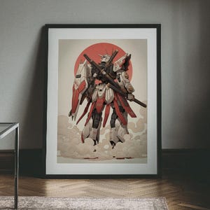 Impresión de robot mecha samurái, arte mural japonés inspirado en Gundam, póster minimalista de anime imagen 1
