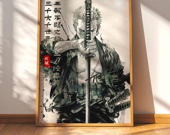 Póster inspirado en Zoro, impresión en tinta samurái de One Piece, decoración minimalista de anime