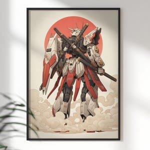 Impresión de robot mecha samurái, arte mural japonés inspirado en Gundam, póster minimalista de anime imagen 2