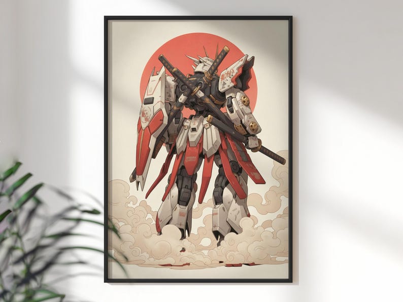 Impresión de robot mecha samurái, arte mural japonés inspirado en Gundam, póster minimalista de anime imagen 2