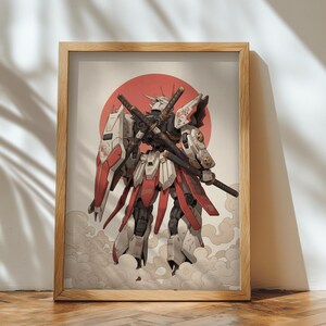 Impresión de robot mecha samurái, arte mural japonés inspirado en Gundam, póster minimalista de anime imagen 7