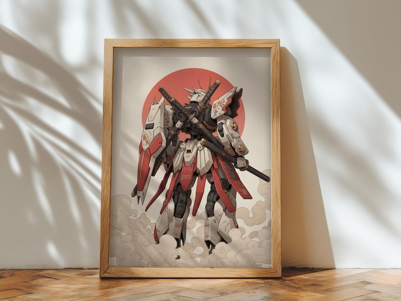 Impresión de robot mecha samurái, arte mural japonés inspirado en Gundam, póster minimalista de anime imagen 7