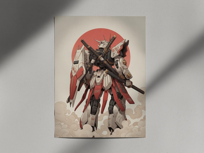 Impresión de robot mecha samurái, arte mural japonés inspirado en Gundam, póster minimalista de anime imagen 8