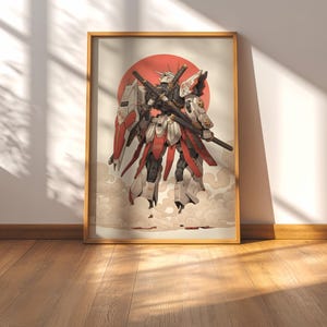 Impresión de robot mecha samurái, arte mural japonés inspirado en Gundam, póster minimalista de anime imagen 3