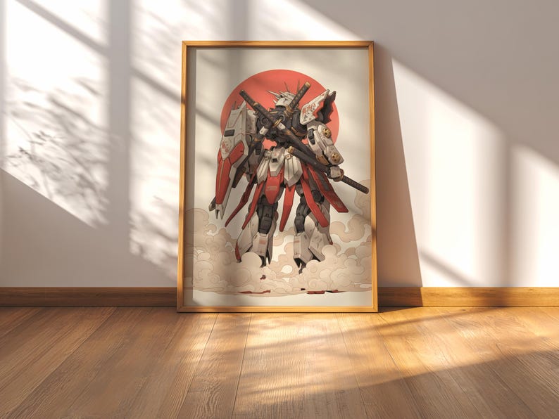 Impresión de robot mecha samurái, arte mural japonés inspirado en Gundam, póster minimalista de anime imagen 3
