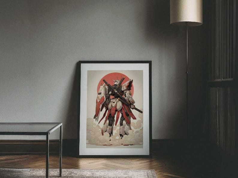 Impresión de robot mecha samurái, arte mural japonés inspirado en Gundam, póster minimalista de anime imagen 1