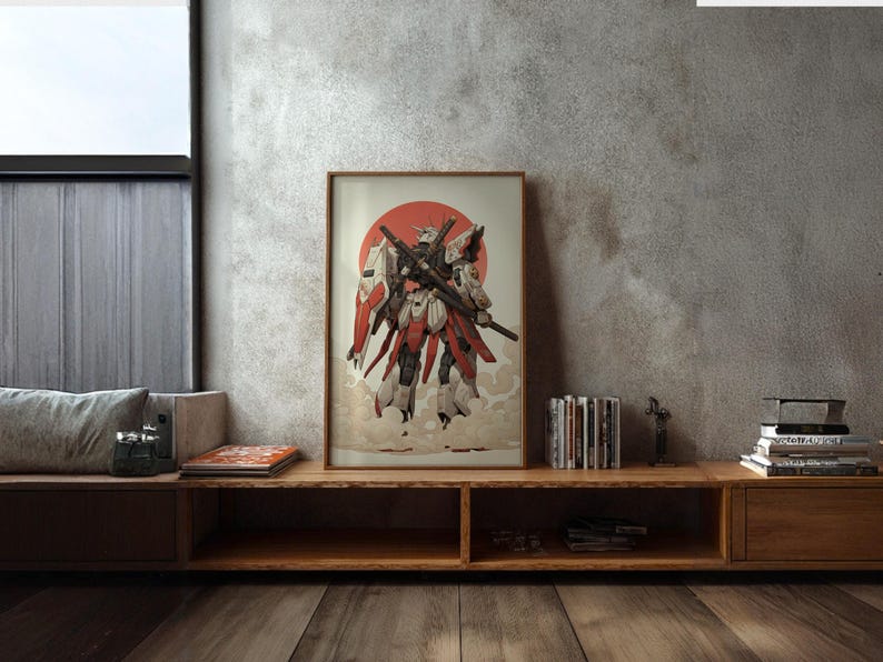 Impresión de robot mecha samurái, arte mural japonés inspirado en Gundam, póster minimalista de anime imagen 5