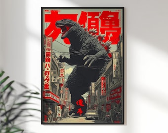 Póster vintage de Godzilla, arte mural japonés Kaiju, impresión de película retro de monstruos