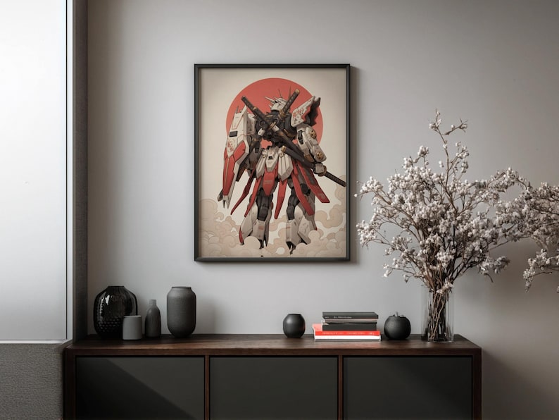 Impresión de robot mecha samurái, arte mural japonés inspirado en Gundam, póster minimalista de anime imagen 4