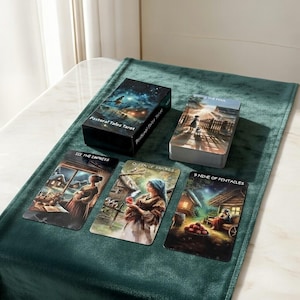 Pode incluir: Um baralho de cartas de tarô com o título "Pastoral Tales Tarot" e várias cartas exibidas. As cartas apresentam ilustrações de pessoas e cenas, incluindo "The Empress", "Queen of Swords" e "9 of Pentacles". O baralho está em uma superfície de veludo verde.