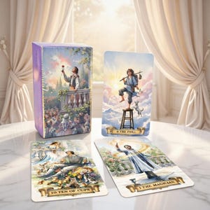 Può includere: Un mazzo di tarocchi con una scatola viola e tre carte esposte. La scatola e le carte presentano illustrazioni di persone e scene. Le carte sono etichettate "Il Matto", "Dieci di Coppe" e "Il Mago". Lo sfondo include una finestra e tende.