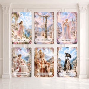 Puede incluir: Seis cartas de tarot con ilustraciones de fantasía detalladas. Las cartas están etiquetadas como 0 The Fool, XII The Hanged Man, XIV Temperance, III The Empress, IV The Emperor y XIII Death. Cada carta muestra una escena con colores pastel suaves, elementos florales y estructuras arquitectónicas bajo un cielo azul.