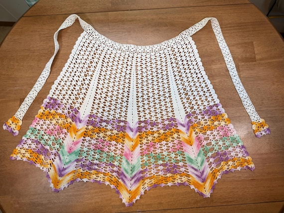 Vintage Hand Crocheted Rainbow Lace Apron