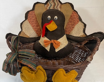 Vintage Handmade Turkey Basket 1970s 1980s Thanksgiving Decor, Primitive Fabric Turkey with Wicker Basket, Fall Folk Art