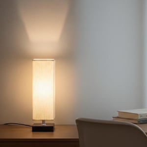 Square Table Lamp with Wood Base and Fabric Shade, 3 Color LED Bedside Reading Light