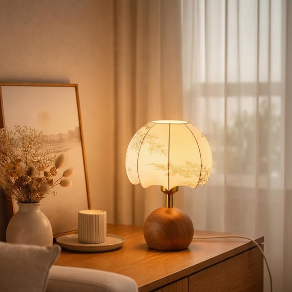 Retro Table Lamp, Vintage Bedside Lamp with Floral Fabric Shade, Wooden Night Light for Bedroom Decor