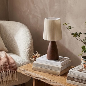 Minimalist Wood Desk Lamp with Pleated Shade - Nordic USB Table Light, Ceramic Bedside or Reading Lamp